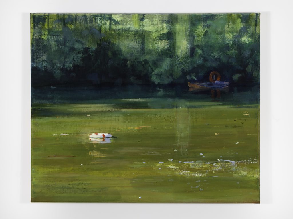 Kenwood Ladies' Pond (detail), acrylics on canvas - the silky green waters of the bathing pond. Artist: Abigail Edgar.
