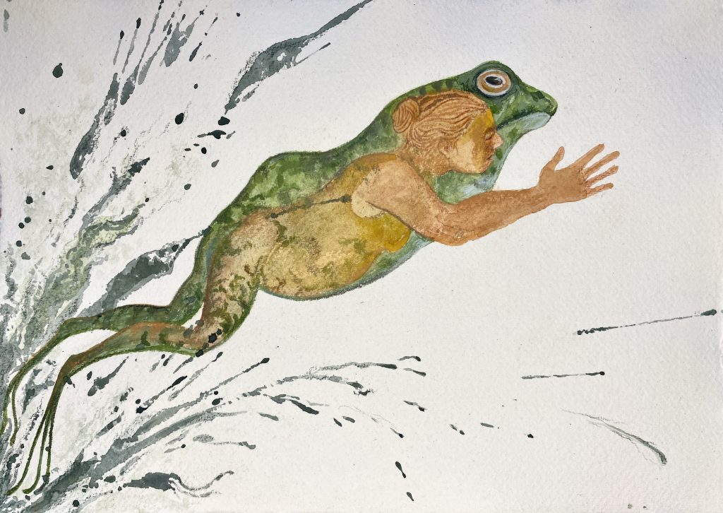 'Leap' watercolour and lightfast coloured pencil painting on cotton rag paper depicting leaping frog with woman swimmer incorporated in image. Artist: Amanda Lebus.
