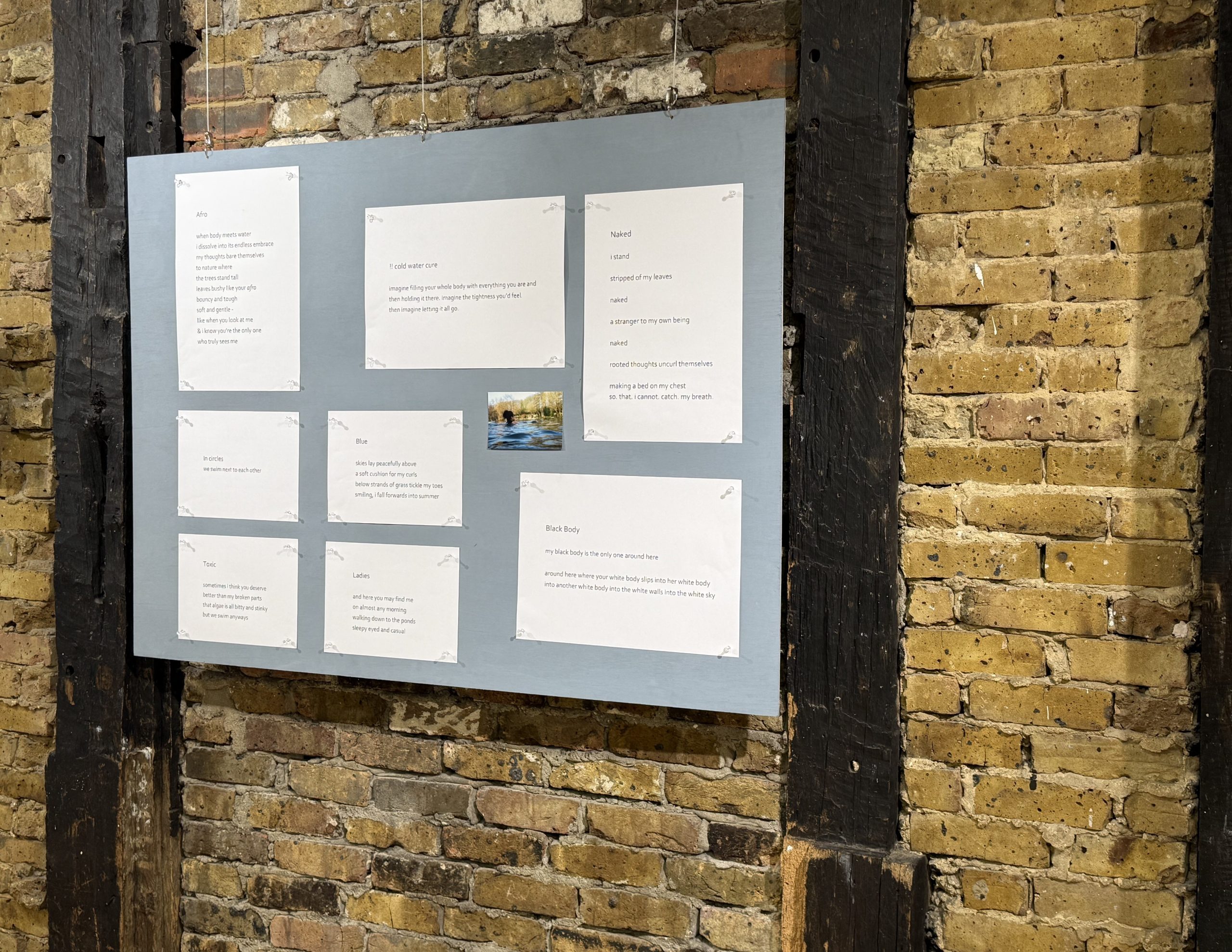 Photograph of Elisha's poems printed on white paper pinned on grey exhibition board.