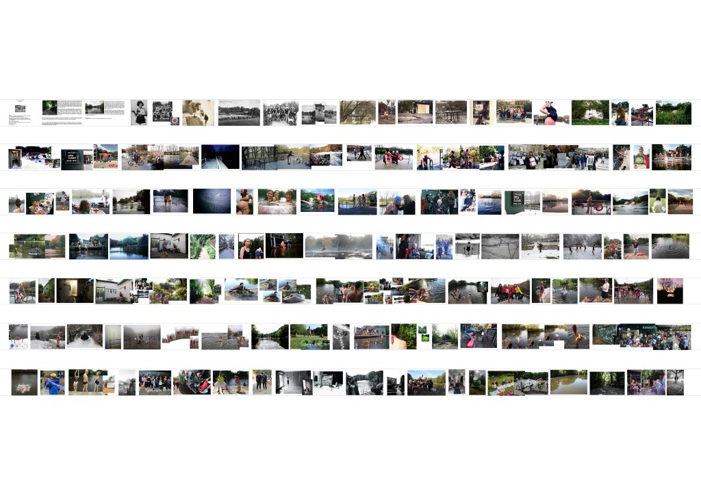 Picture of banner showing images from 100 years of photographs of people and the surroundings at the Pond. Artist: Ruth Corney & KLPA members.