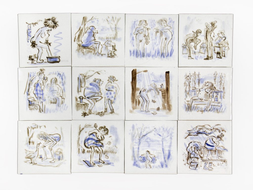 Photograph of 12 ceramic tiles with cartoon images of women in all weathers and various states of undress after swimming. Artist: Susan Hellard.